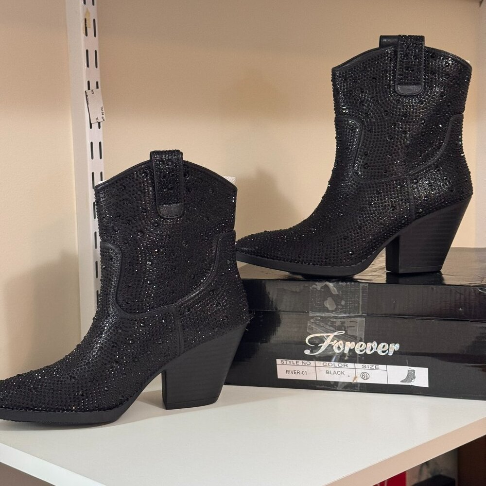 New Women Black Blingy Rhinestone Western Cowboy Boots Ankle Booties Size 6.5 - Picture 2 of 6